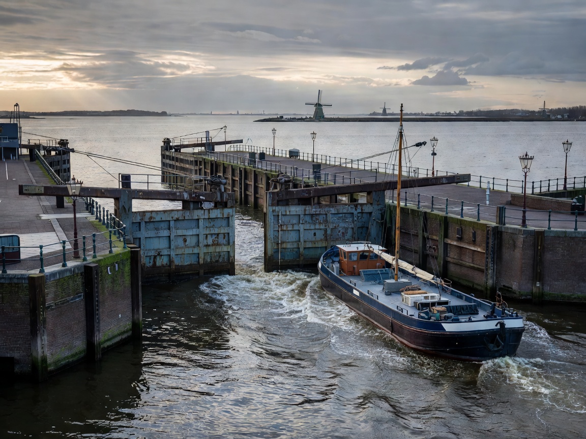 Amsterdam waterfront canal entrance and IJsselmeer gateway