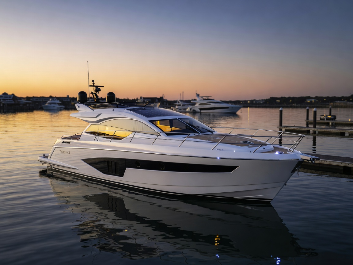 Feedhouse Lumina 40 Executive hybrid yacht at dusk
