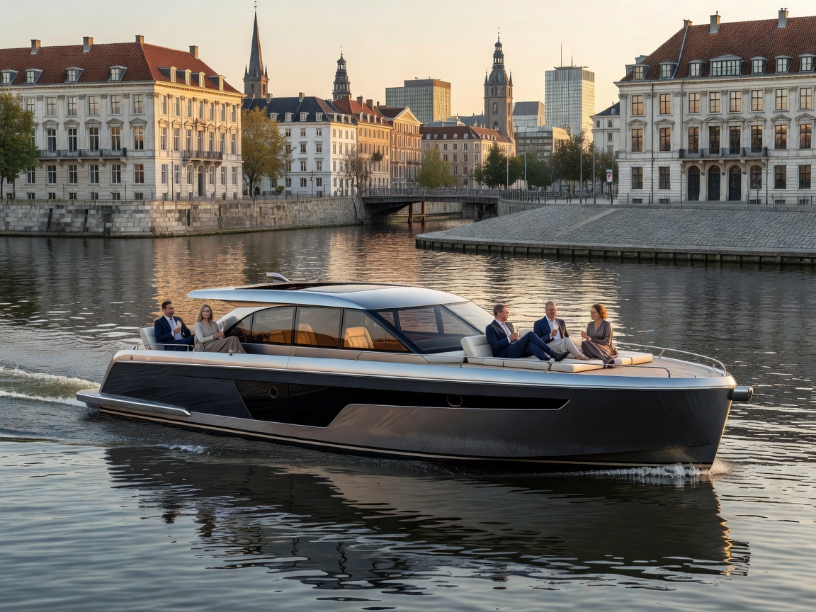 Feedhousematrxx compact luxury urban yacht cruising near European waterfront city