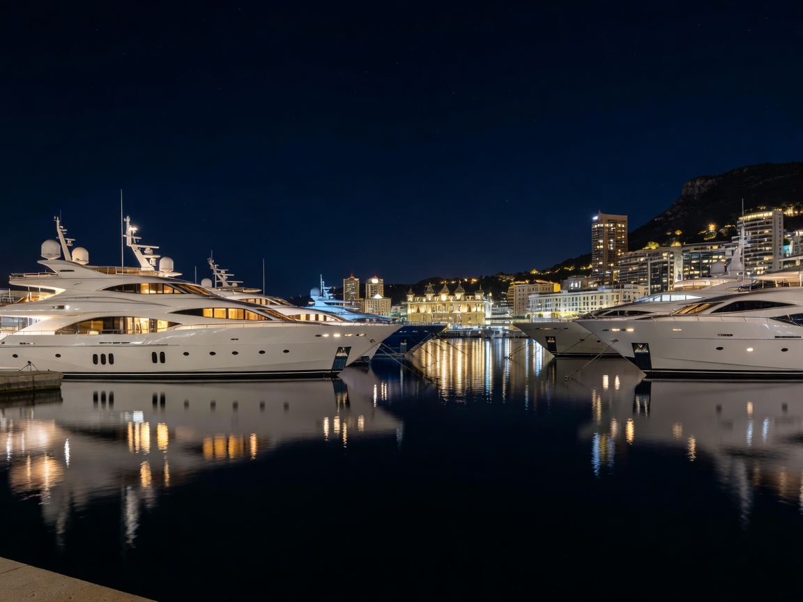 Monaco luxury city harbor with yachts docked at night