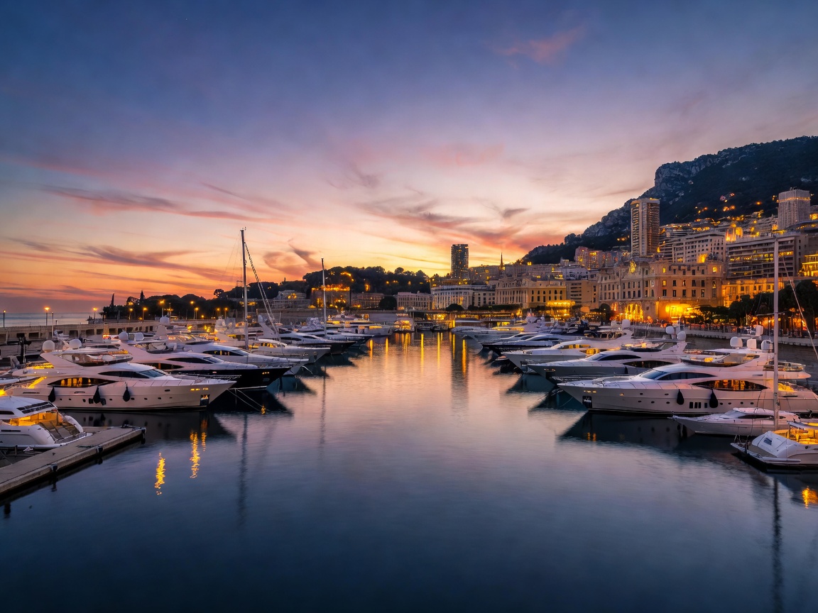 Monaco Port Hercule filled with luxury urban motor yachts at dusk