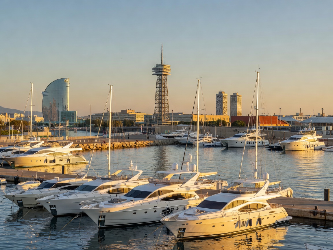 Barcelona Port Vell skyline with modern motor yachts berthed